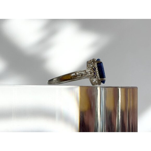 Lapis Lazuli Oval Cut Ornate Cutout Sterling Silver Vintage Ring - sz 4.75 - Picture 3 of 10